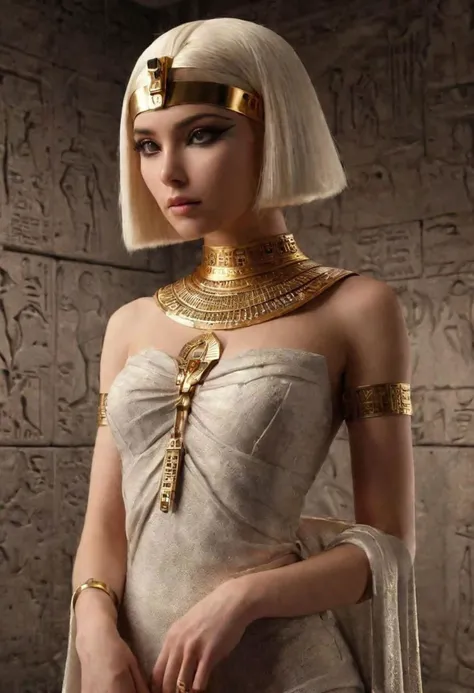 a woman in a white dress and gold jewelry stands in front of a wall