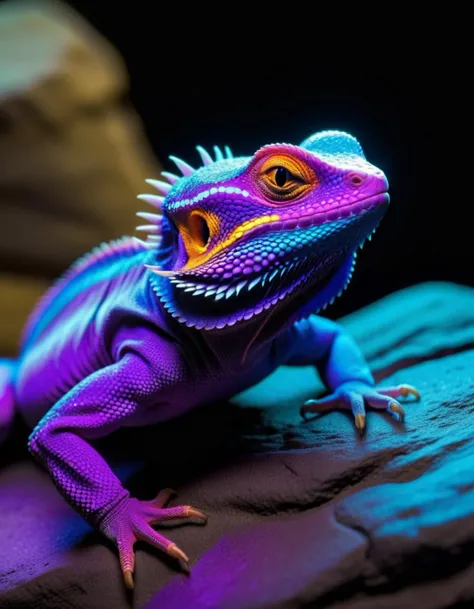 1lizard, under blacklight, glowing colors of the cosmos, glowing neon, spikes, horns, bearded dragon, chonky, on a rock, sharp composition, 4k, 8k, masterpiece, photorealistic, close-up, threat display, neon violet, indigo, scales,