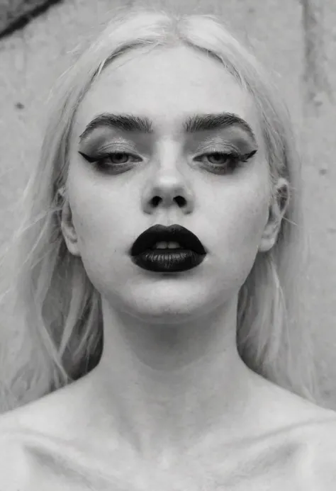 (black and white, monochrome photography:1.5), concrete, cement, brutalism, unusual angle view, medium full body shot of a girl, ressembling Elle Fanning, white hair, white skin, black eyeliner, black eye-shadow, (black lips:1.5), white iris, black eyebrow...