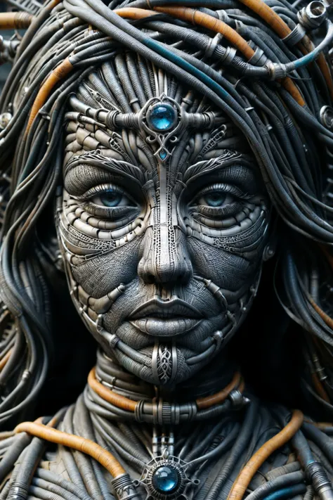 a close up of a statue of a woman with a face covered in wires