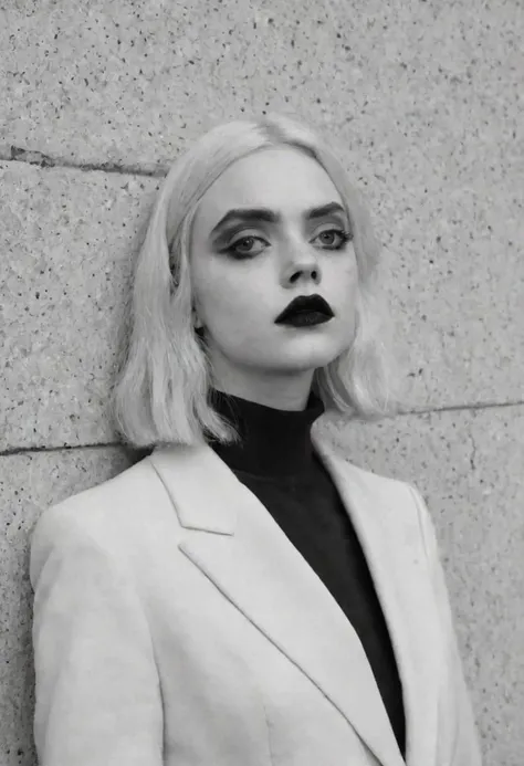 black and white, monochrome photography, concrete, cement, brutalism, brutalist style, unusual angle view, medium full body shot of a girl, ressembling Elle Fanning, white hair, white skin, black eyeliner, black eye-shadow, black lips, white iris, black ey...