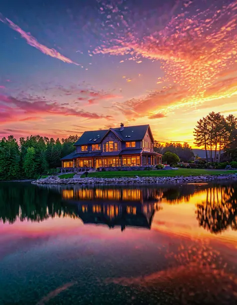 extreme closeup, luxury home, sunset sky, lake, at night, 8k, hdr, high quality,