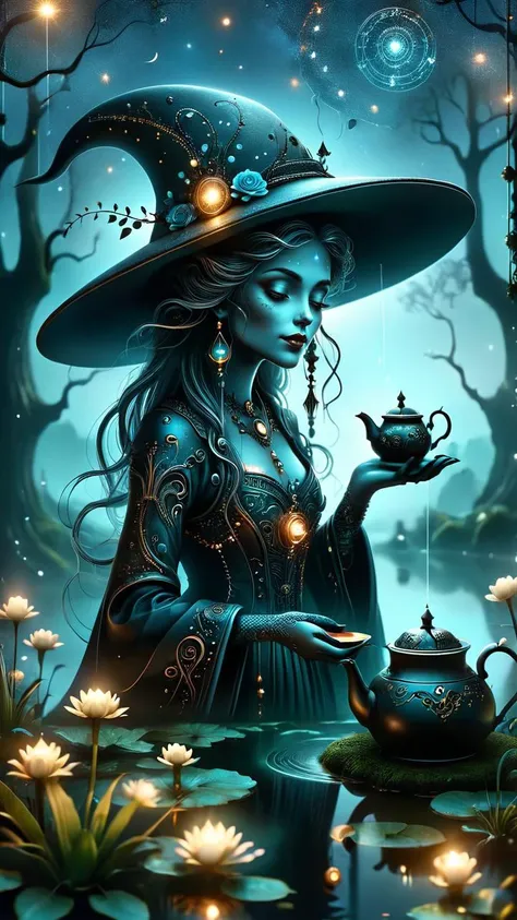 a cute happy dark grey hag is surrounded by glowing magic. celestial tea garden under a starlit sky with celestial elements, ultra sharp, intricate details, realism, glowing <lora:dvr-tldr:1> dvr-tldr