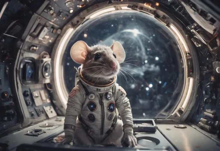 A captivating photograph featuring an astronaut mouse aboard a futuristic spaceship, evoking the wonder of space exploration and the charm of whimsical fantasy, akin to the imaginative works of artist Sam Falconer. Tiny spacesuit, cosmic backdrop, futurist...