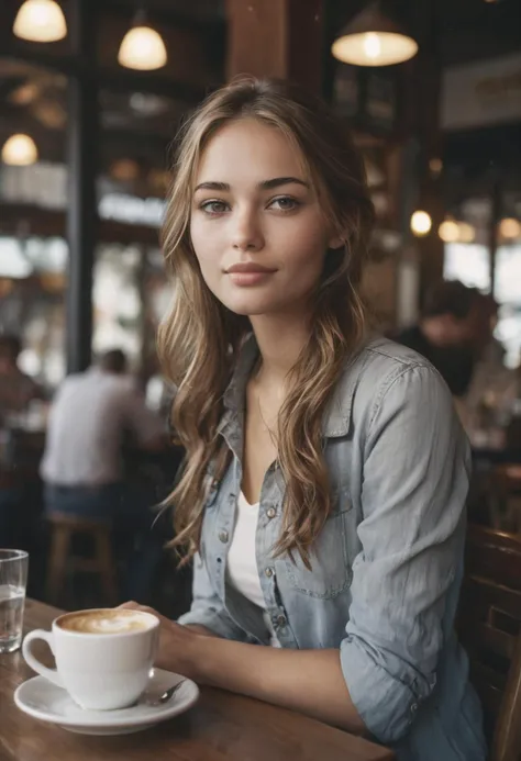 high quality dslr snapshot, high definition film grain photo taken at f/16, ISO 100, global illumination, cinematic photo of a woman sitting at a cafe. 35mm photograph, film, bokeh, professional, 4k, highly detailed