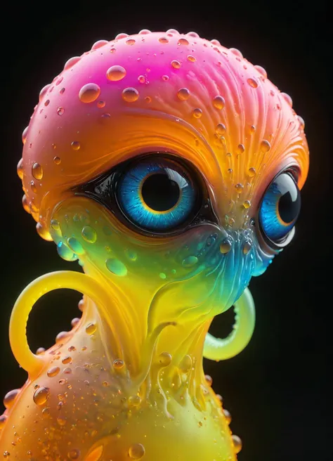 a close up of a colorful alien with a big eye