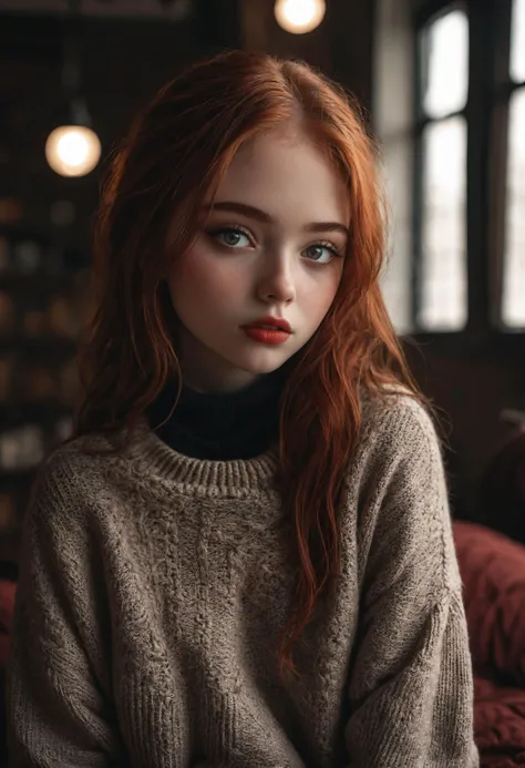 raw photo, (18yo redhead girl:1.2), makeup, graphic eyeliner, rouge, (choker:0.9), realistic skin texture, oversize knit sweater, (red:0.8), softcore, warm lighting, cosy atmosphere, instagram style, high qualitydslr snapshot, high definition film grain ph...