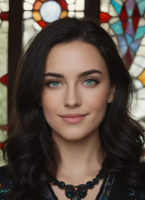 a woman with long black hair and a necklace in front of a stained glass window