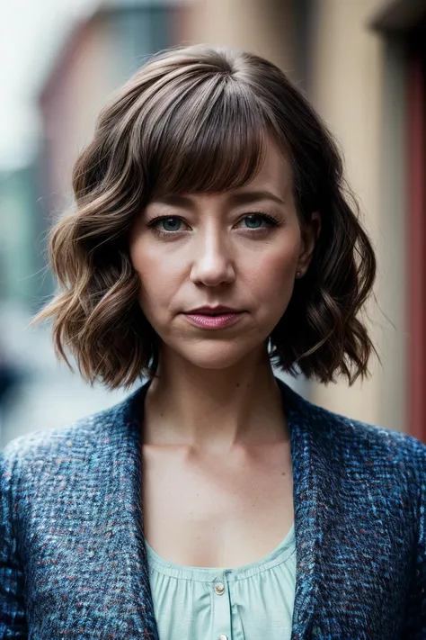 perfect cinematic shoot of a beautiful woman (EPKr1st3nSch44l:.99), a woman standing in a (modest medieval village), perfect bangs, wearing sexy (Fluorescent Blue  Cropped tweed blouson jacket :1.2), (people in background:1.1), (detailed background:1.1), (...