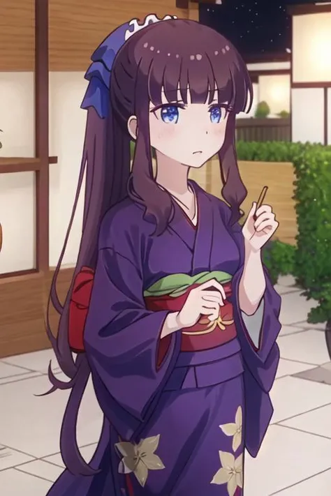 best quality, masterpiece, highres, solo, {yukata:1.40}, {kimono:1.20}, {takimoto_hifumi_newgame:1.15}, long_hair, bangs, blue_eyes, blunt_bangs, blush, ponytail, brown_hair, purple_hair, hair_bow