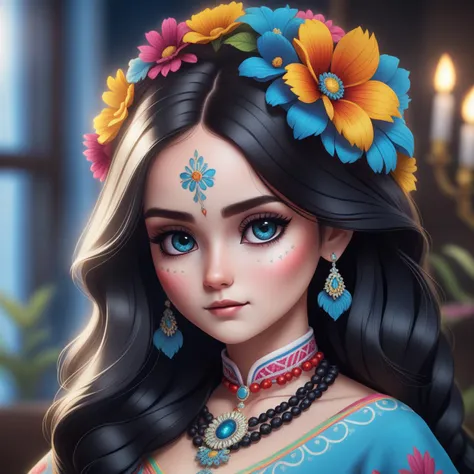 1girl, (Catrina MakeUp), (traditional dress), hair flower, blue eyes, long wavy hair, black hair, cute pose, cute, (realistic:1.2), (realism), (masterpiece:1.2), (best quality), (ultra detailed), (8k, 4k, intricate),(portrait), ,light particles, lighting, ...