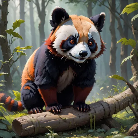 painting of a red panda sitting on a log in the woods