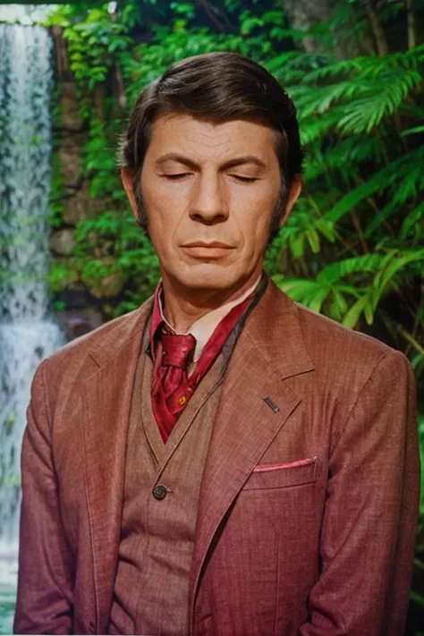 arafed man in a suit and tie standing in front of a waterfall