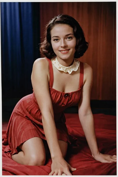 arafed woman in a red dress sitting on a bed