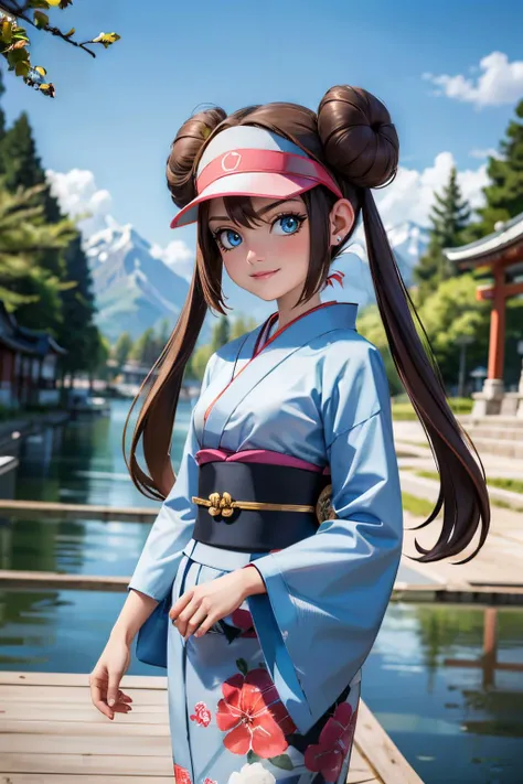 rosa_pokemon, visor, long brown hair, hair buns, twintails, blue eyes,traditional kimono, long sleeves, sash, looking at viewer, serious, smirk, standing, outside, lake, red torii, mountain, trees, blue sky, high quality, masterpiece, <lora:rosa_pokemon:.8...