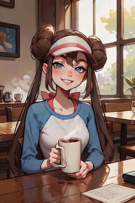 rosa_pokemon, visor, long brown hair, hair buns, twintails, blue eyes,raglan sleeves, long sleeves, looking at viewer, smiling, teeth, upper body shot, sitting, behind a table, inside a cozy cafe, coffee mug, steam, window, sunny, high quality, masterpiece...