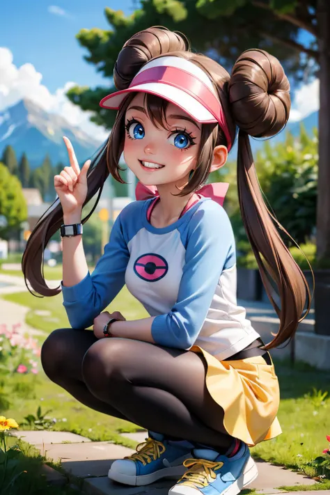 rosa_pokemon, visor, long brown hair, hair buns, twintails, blue eyes,raglan sleeves, long sleeves, yellow shorts, black pantyhose, shoes, looking at viewer, smiling, happy, teeth, squatting, hands on knees, outside, park, mountain, trees, flowers, blue sk...