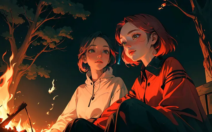 no dyed hair, (best quality, masterpiece, perfect face, beautiful and aesthetic:1.2, colorful, dynamic angle, highest detailed face),  In the gentle glow of a campfire, two girls share ghost stories, their faces lit by the flickering firelight, a sense of ...