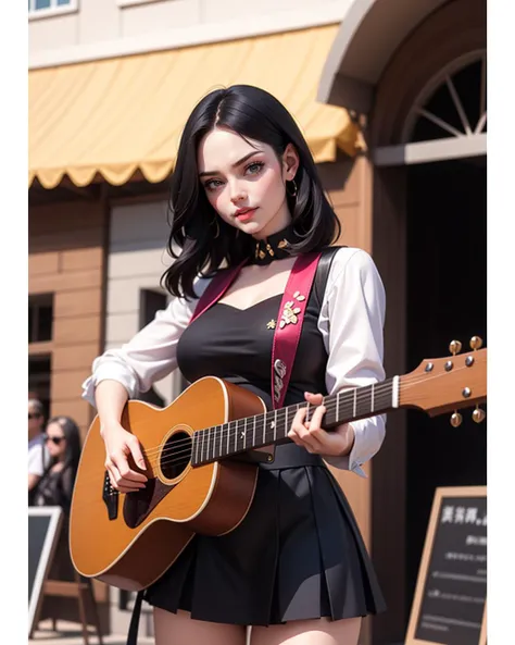 anime artwork  solo, beautiful adult woman, high quality, best quality, highres,  dr34m, standing, black hair, <lora:Nobody_MadelineDream:0.7>  A fantasy bard in a medieval tavern, wearing colorful, flamboyant clothing and strumming a magical lute that con...