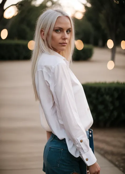 a woman with blonde hair and a white shirt is standing on a sidewalk