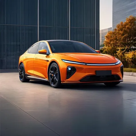 a orange car parked in front of a building with a building in the background