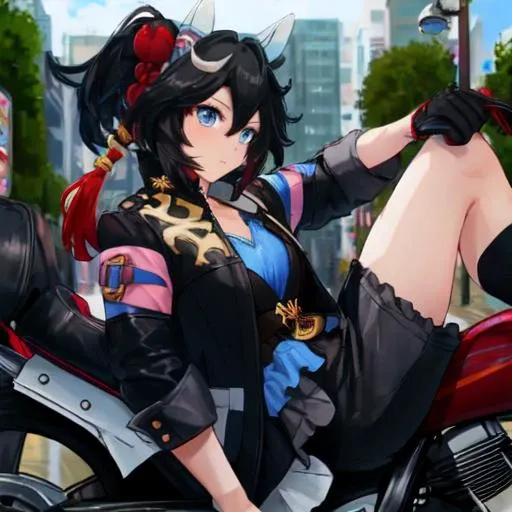 anime girl sitting on a motorcycle with her legs crossed