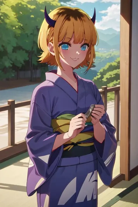 best quality, masterpiece, highres, solo, {yukata:1.40}, {kimono:1.20}, {mem_oshinoko:1.15}, bangs, short_hair, blonde_hair, blunt_bangs, horns, :3, smile, multicolored_hair, blue_eyes