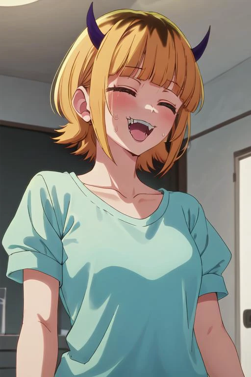 best quality, masterpiece, highres, solo, {mem_oshinoko:1.15}, bangs, short_hair, blonde_hair, blunt_bangs, horns, :3, smile, multicolored_hair, blue_eyes, 1girl, aqua_shirt, blue_shirt, collarbone, green_shirt, open_mouth, shirt, upper_body, blush, closed...