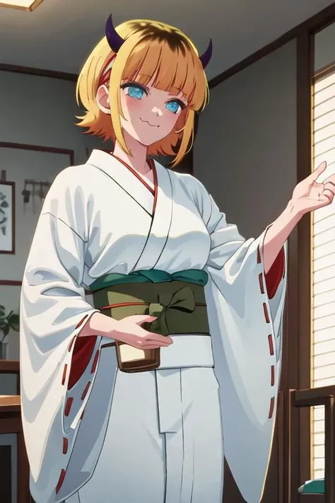 best quality, masterpiece, highres, solo, {white kimono:1.35}, {red hakama:1.35}, {wide sleeves:1.20}, {mem_oshinoko:1.15}, bangs, short_hair, blonde_hair, blunt_bangs, horns, :3, smile, multicolored_hair, blue_eyes