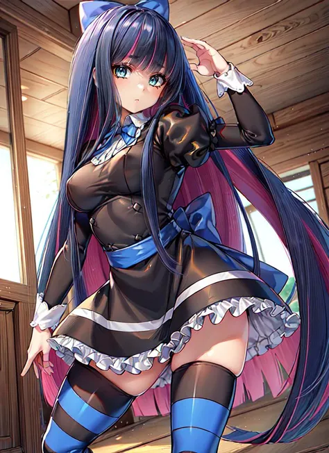 ((best quality)), ((highly detailed)), extremely detailed face, beautiful face, , (1girl), dynamic pose, cowboy shot, (((wide shot))), <lora:hairdetailer:.8>, <lora:PSG_Stocking-V2:.8>, anarchystocking, blunt bangs, very long hair, colored inner hair, blue...