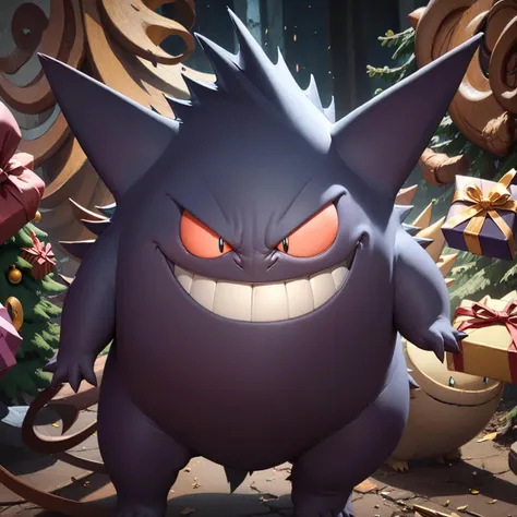 Gengar wearing santa hat, christmas, tree, presents, santa hat, black sclera, colored sclera, evil grin, evil smile, full body, gengar, grin, letterboxed, looking at viewer, no humans, pokemon (creature), red eyes, sharp teeth, smile, solo, teeth, Gengar_P...