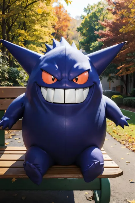 Gengar_Pokemon,pokemon (creature), looking at viewer, smiling,
sitting, on bench, outside, park, trees, autumn, blue sky, extreme detail, fantasy, <lora:Gengar_Pokemon_v2_Anime:.7>