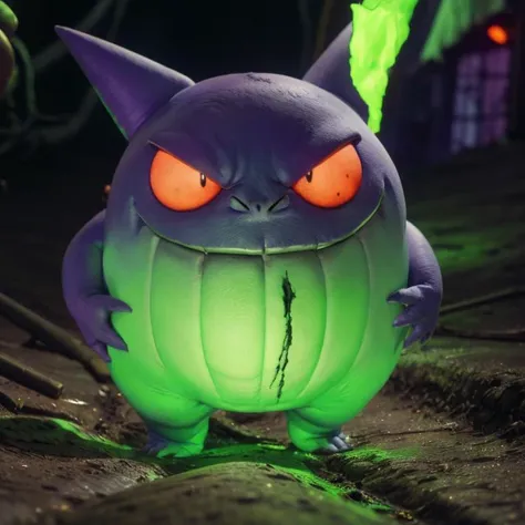 a close up of a pokemon figure with glowing eyes and a green tail