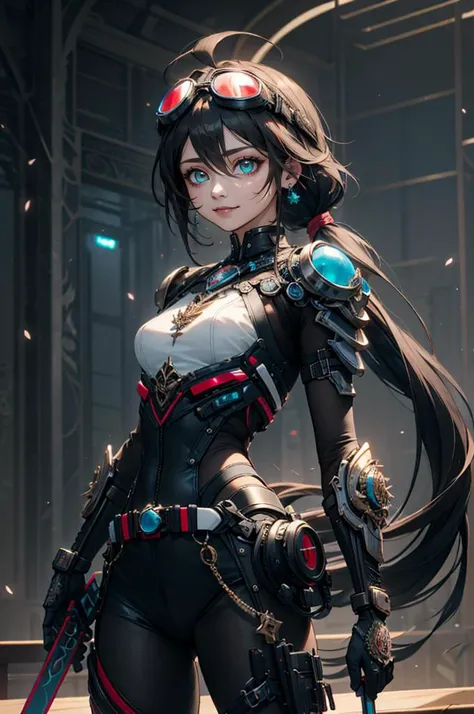 <lora:edgLnF:1> edgLnF, armor, clothing cutout, pauldrons, wearing edgLnF, dual wielding, holding swords, multiple swords, blue theme, (goggles on head:1.3),, ultra detailed, masterpiece, best quality, aesthetic, detailed,, katya1, solo, smile, 1girl, aqua...