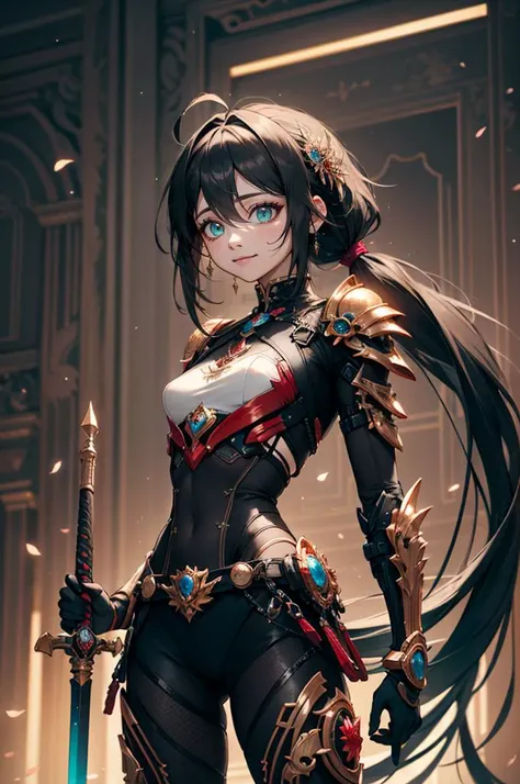 <lora:edgLnF:0.8> edgLnF, armor, clothing cutout, pauldrons, wearing edgLnF, dual wielding, holding swords,, ultra detailed, masterpiece, best quality, aesthetic, detailed,, katya1, solo, smile, 1girl, aqua eyes, black hair, <lora:low_ponytail-1.0:0.7> low...