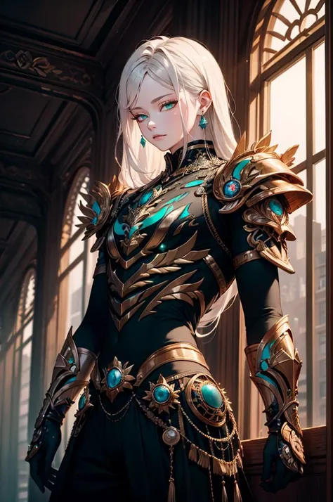 <lora:edgLnF:0.85> edgLnF, armor, clothing cutout, pauldrons, wearing edgLnF,, ultra detailed, masterpiece, best quality, aesthetic, detailed,, solo, 1boy, teal eyes, <lora:Tsurime3:1>, (tsurime:1.2), parted bangs, white hair, medium hair, straight hair, s...