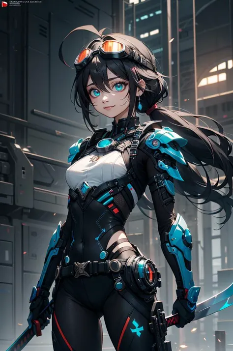 <lora:edgLnF:0.8> edgLnF, armor, clothing cutout, pauldrons, wearing edgLnF, dual wielding, holding swords, multiple swords, blue theme, (goggles on head:1.3),, ultra detailed, masterpiece, best quality, aesthetic, detailed,, katya1, solo, smile, 1girl, aq...