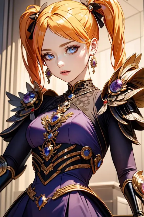 <lora:edgLnF:0.85> edgLnF, armor, clothing cutout, pauldrons, wearing edgLnF,    <lora:AngOne512v1:0.5> AngOne, blonde hair, pigtails, purple dress, orange sleeves,, ultra detailed, masterpiece, best quality, aesthetic, detailed,