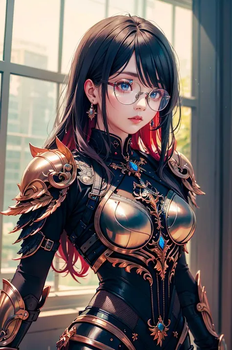 <lora:edgLnF:0.85> edgLnF, armor, clothing cutout, pauldrons, wearing edgLnF,   <lora:LIP:0.8> (LilyPichuTI:0.9), glasses,, ultra detailed, masterpiece, best quality, aesthetic, detailed,