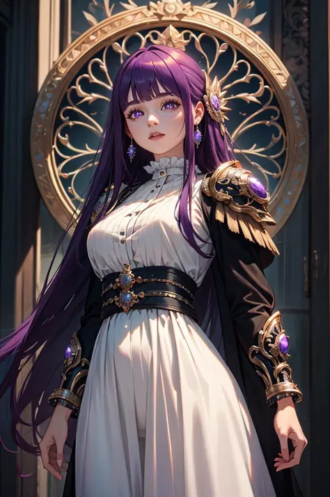 <lora:edgLnF:0.85> edgLnF, armor, clothing cutout, pauldrons, wearing edgLnF,  <lora:Fern:0.8> FernFrieren, very long hair, purple eyes, (purple pupils), white dress, black robe,, ultra detailed, masterpiece, best quality, aesthetic, detailed,