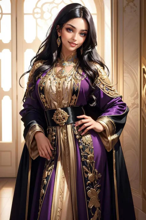 ((masterpiece,best quality,edgQuality)),(smile),looking at viewer,standing,
edgCaftan, a woman with black hair wearing a purple robe ,wearing edgCaftan
<lora:edgMoroccanCaftan:1>