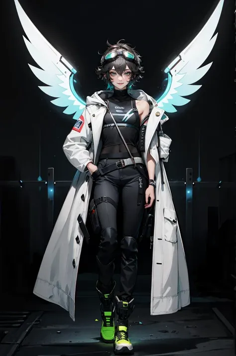 a woman in a white coat and black pants with wings