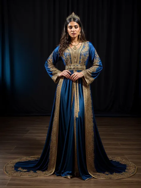 a woman in a blue and gold gown standing on a wooden floor