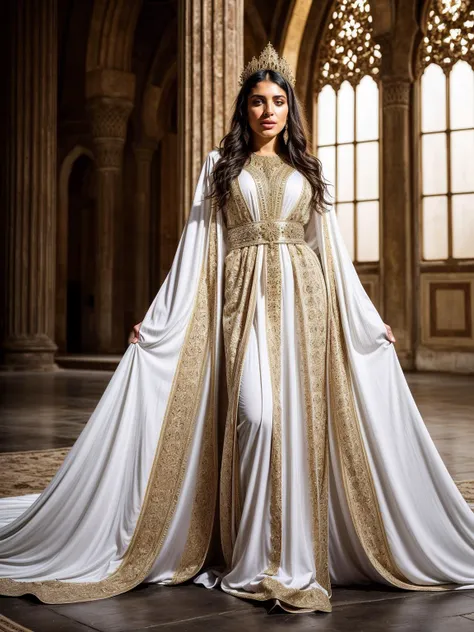 a woman in a white and gold gown standing in a large room