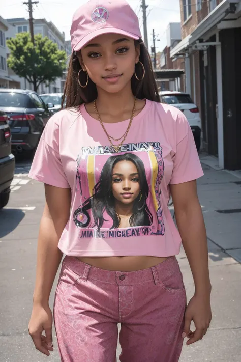 a close up of a person wearing a pink shirt and a hat