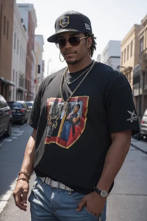 araffe wearing a black shirt and a hat standing on a street