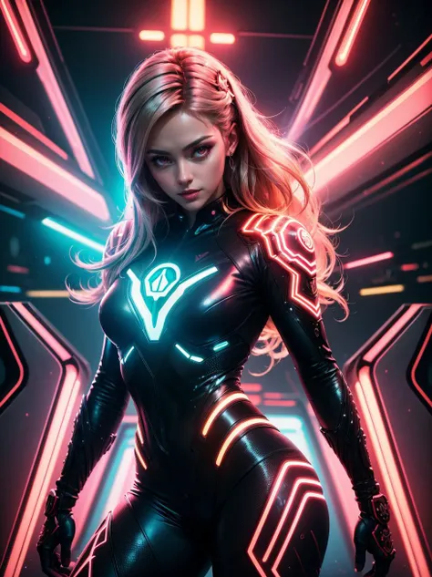 a woman in a black suit with neon lights on her chest