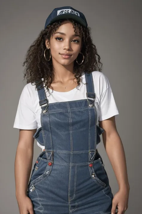 a woman wearing a denim overalls and a white t - shirt