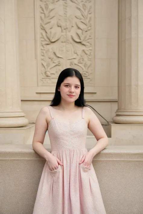 a woman standing in front of a wall wearing a pink dress