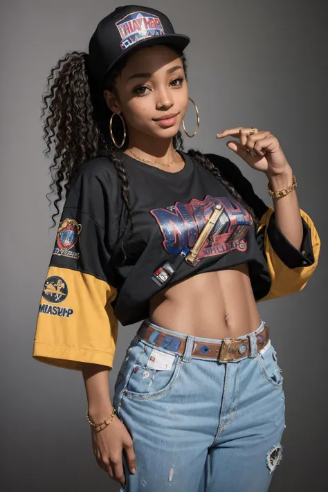 a woman with a baseball cap and jeans posing for a picture